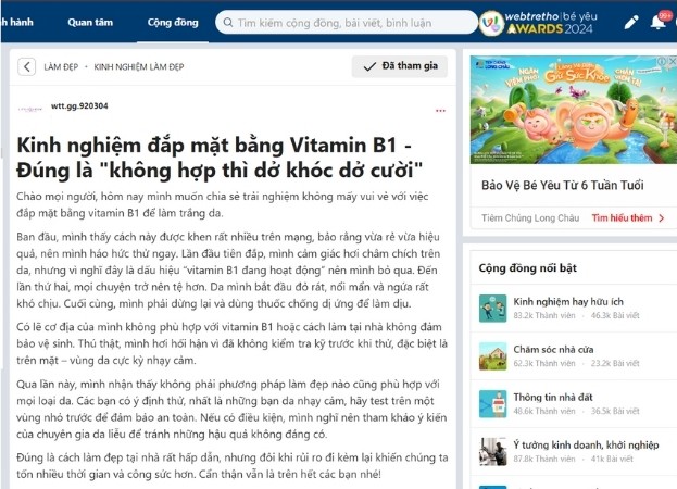 Review làm trắng da bằng vitamin B1 trên diễn đàn Webtretho