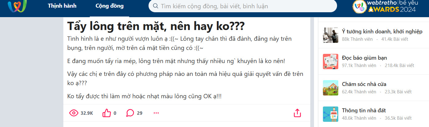 Bài viết với chủ đề Tẩy lông trên mặt nên hay không? được chia sẻ trên diễn đàn Webtretho