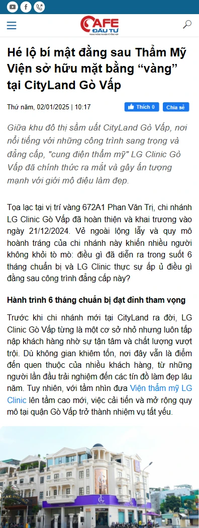báo cafe đầu tư nói gì vê lg clinic