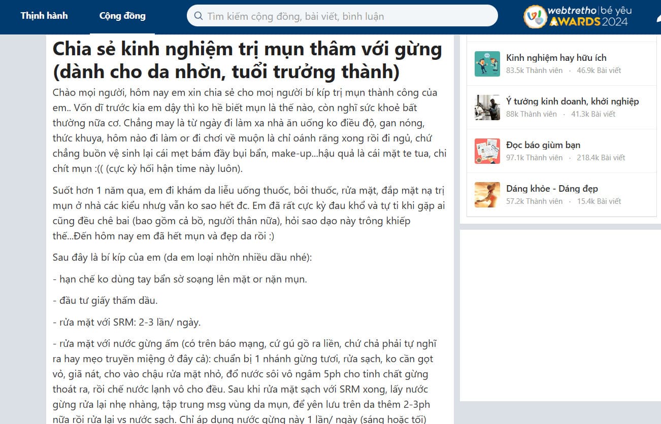 Chia sẻ cách trị thâm mụn bằng gừng trên diễn đàn Webtretho