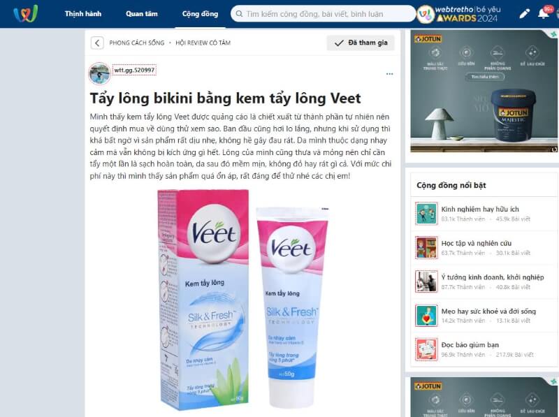 đánh giá của người dùng sau khi sử dụng kem tẩy lông Veet cho vùng kín