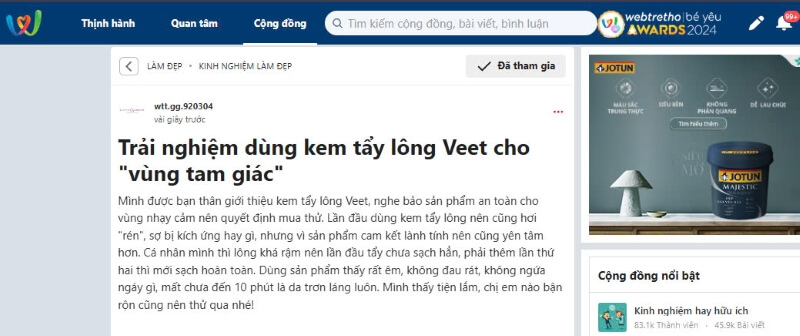 phản hồi từ người dùng sau khi tẩy lông vùng kín bằng kem tẩy lông Veet