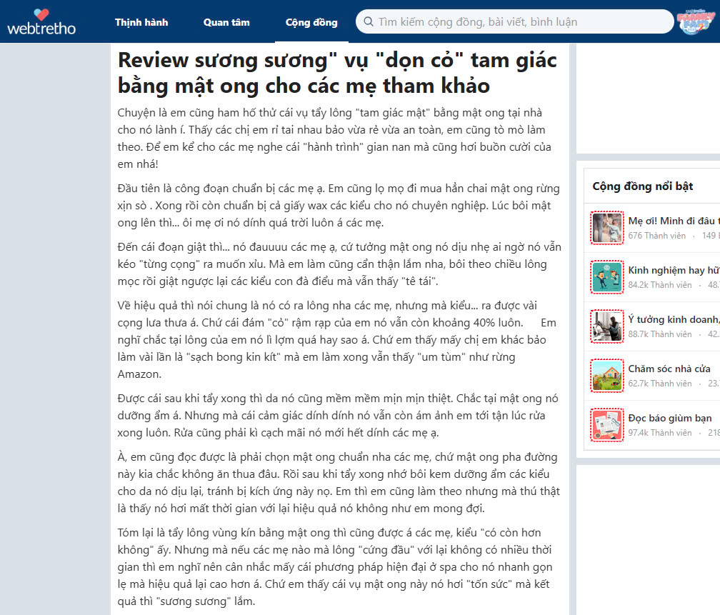 review thực tế tẩy lông vùng kín bằng mật ong webtretho