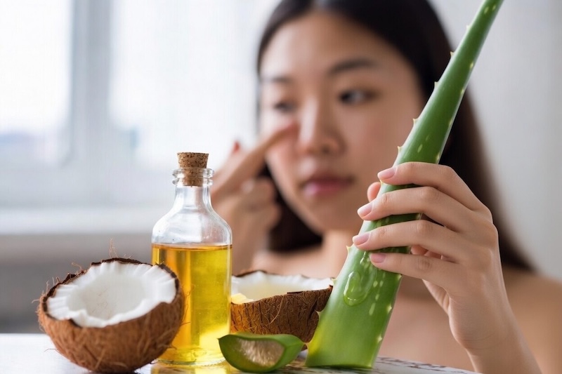 xóa nếp nhăn vùng mắt bằng dầu dừa và nha đam