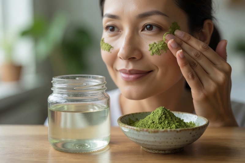 xóa nếp nhăn vùng mắt bằng dầu dừa và bột trà xanh